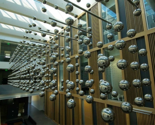 hanging steel sphere sculptures with threaded